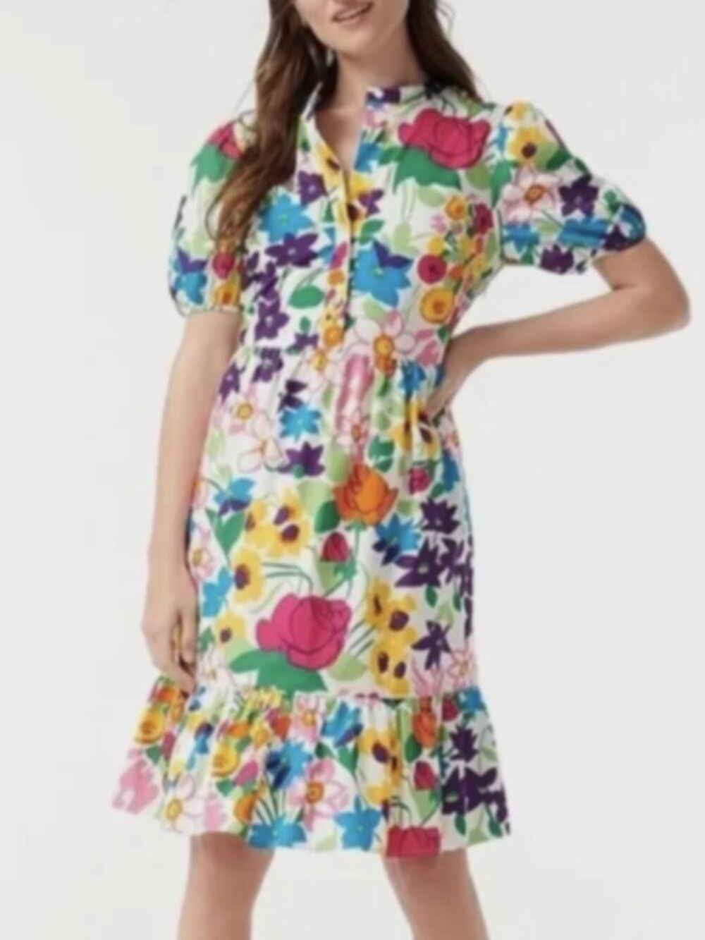 J Crew Colorful Floral Dress Puff Sleeve Flounce Hem Cotton Playful EUC Size 16